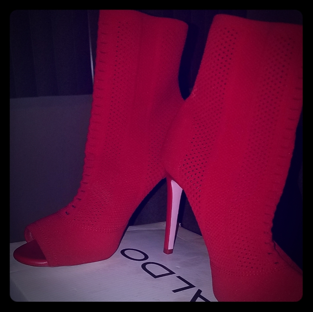 Red mesh open toe heels